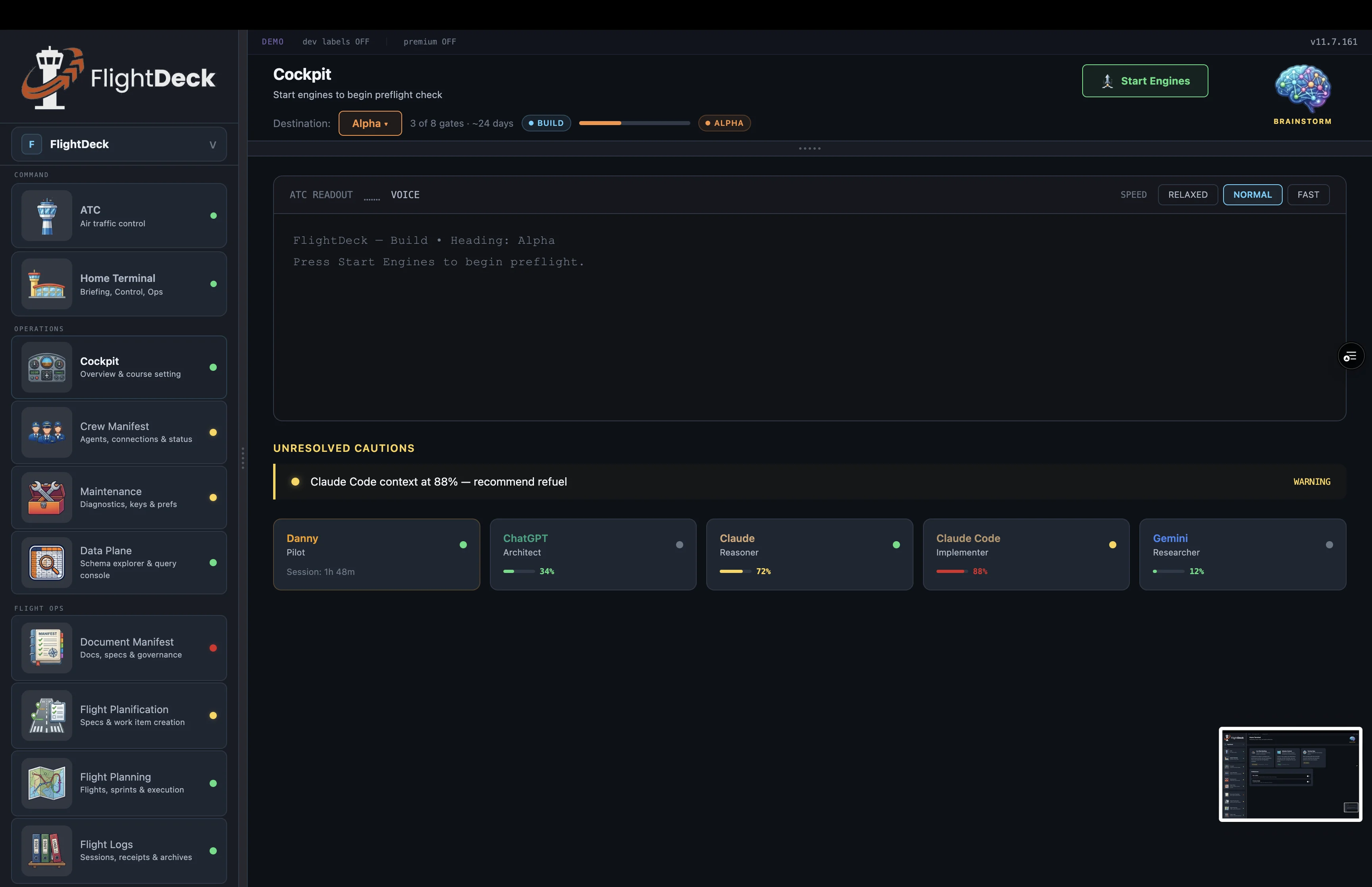 FlightDeck Cockpit showing warning caution row