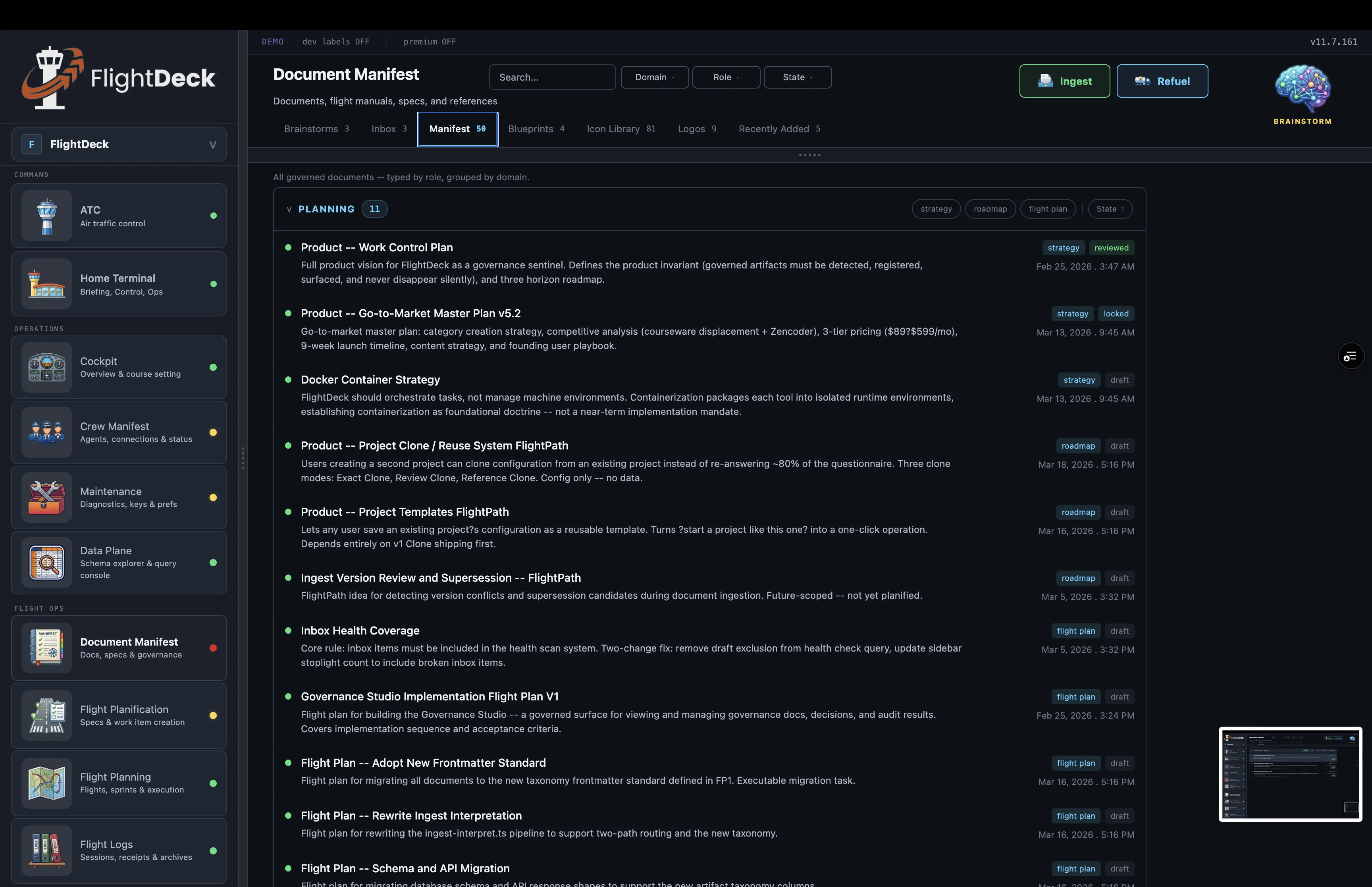 Document Manifest — Manifest tab, Planning domain