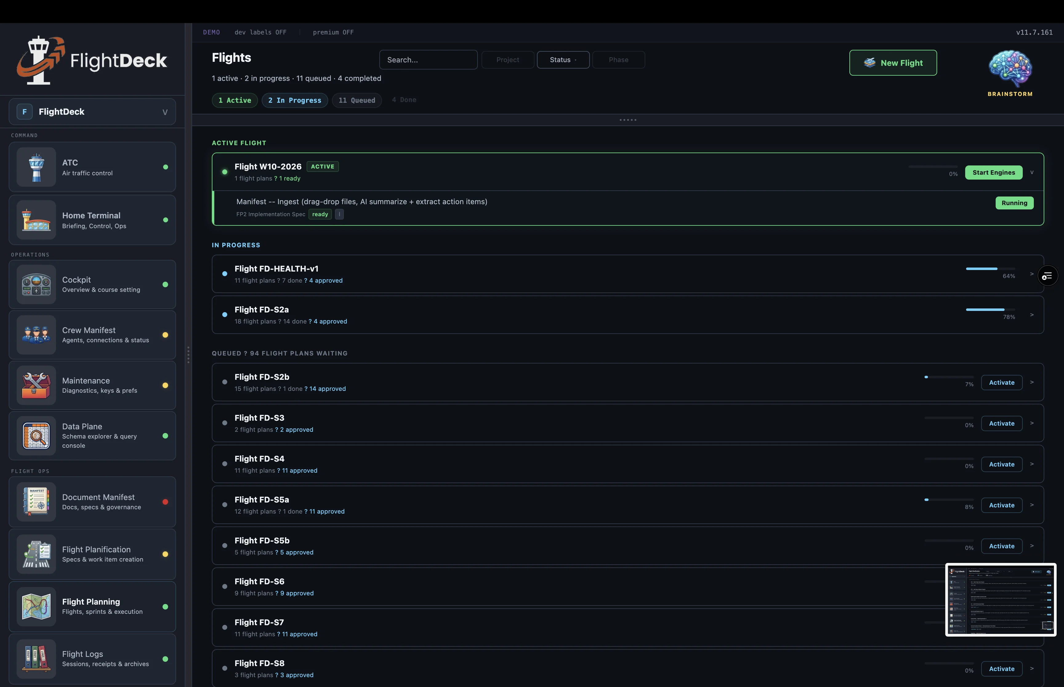 Flights — 1 active, 2 in progress, 11 queued