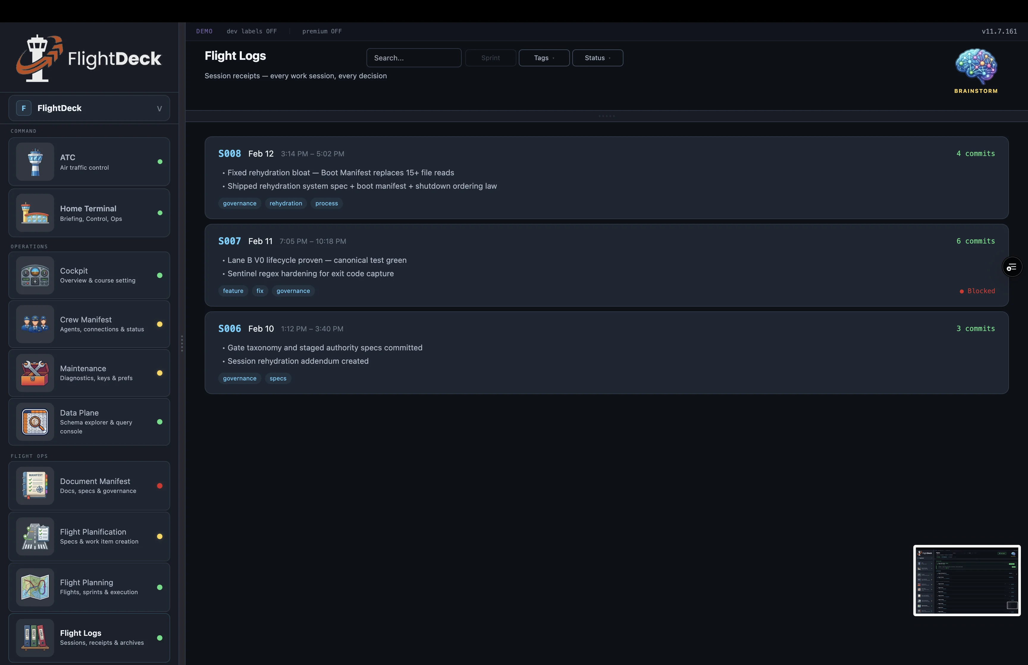 Flight Logs — session receipts, commit counts