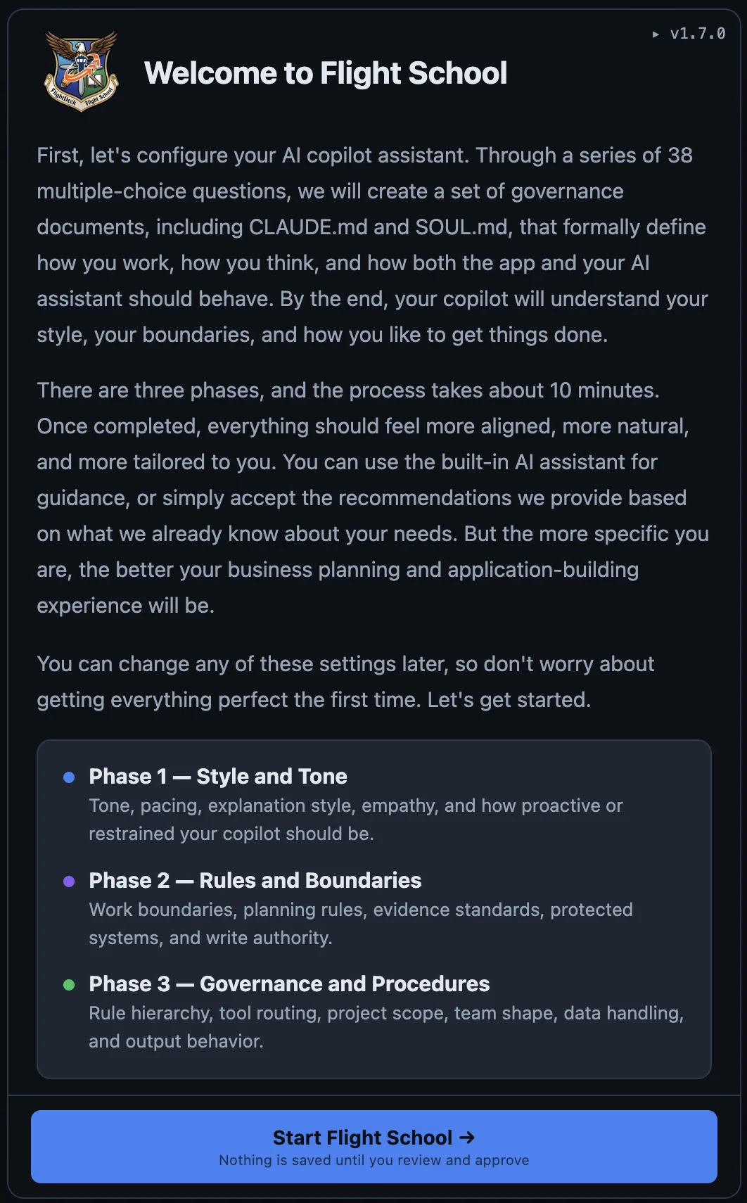 Welcome to Flight School — overview showing three phases: Style and Tone, Rules and Boundaries, Governance and Procedures