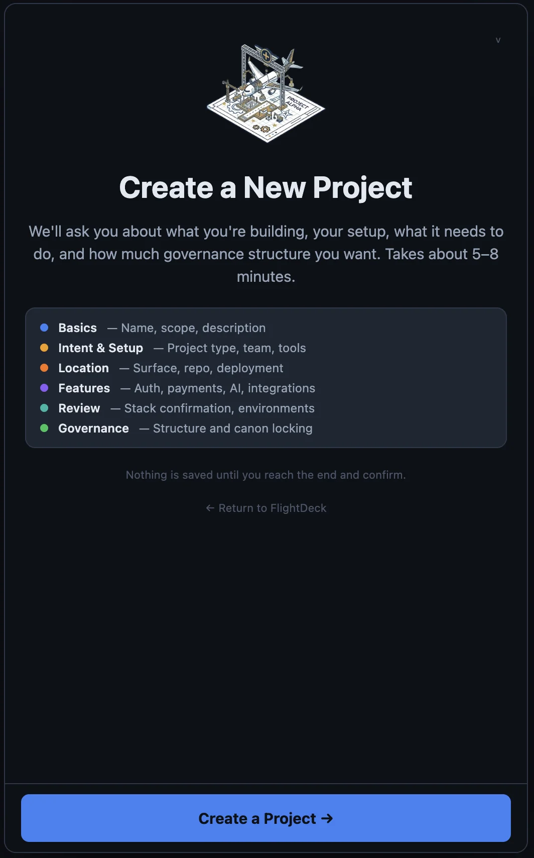 Flight School Phase 2 — Create a New Project with 6-step governance flow