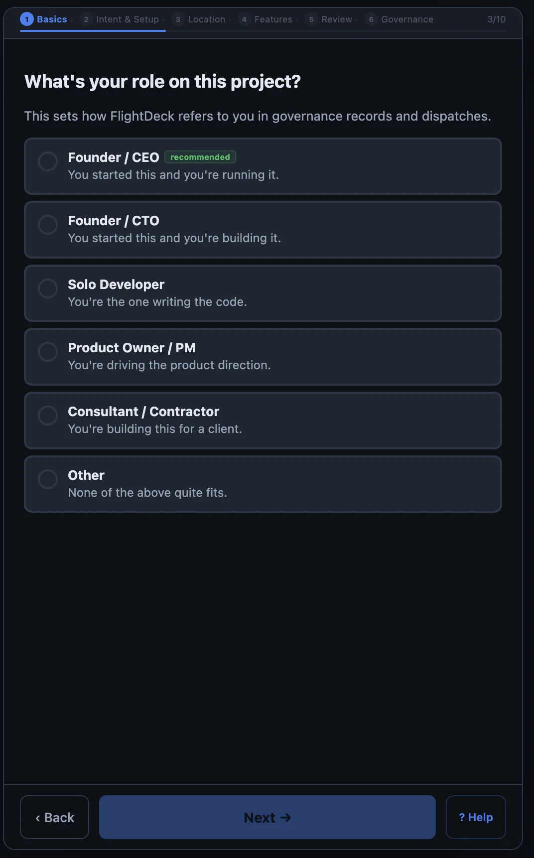Flight School Phase 1 — role selection: Founder/CEO, CTO, Solo Developer, PM