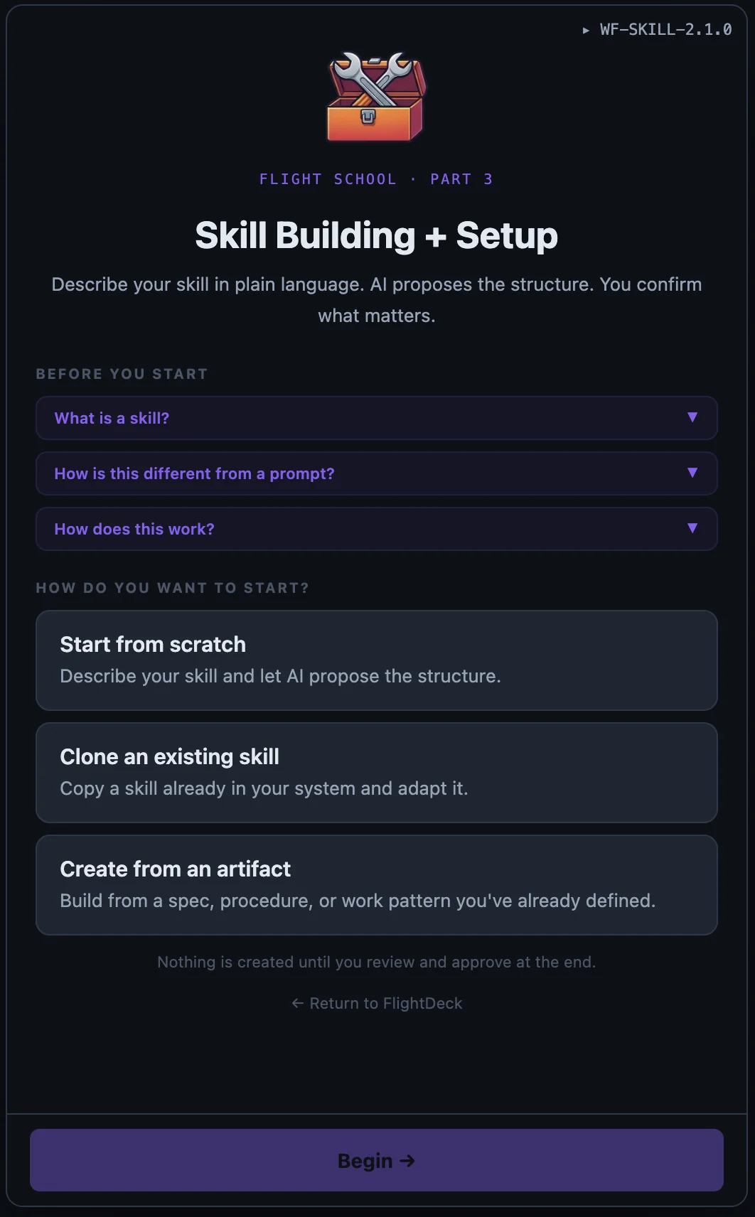 Flight School Phase 3 — Skill Building + Setup with AI-proposed structure