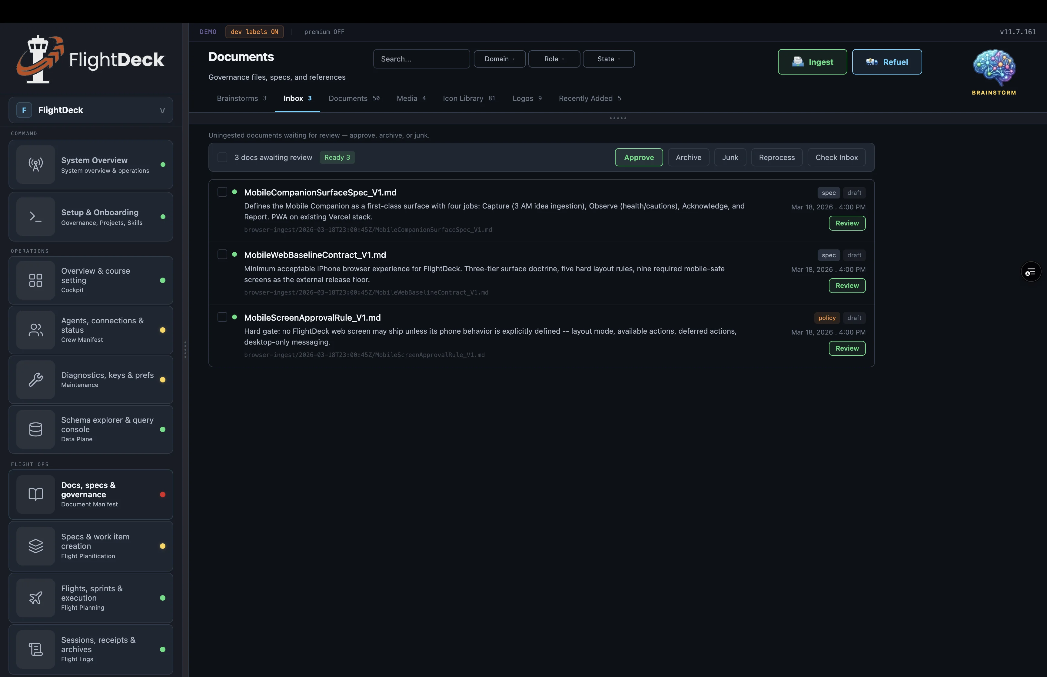 FlightDeck in Developer Mode — sidebar showing dev-native naming